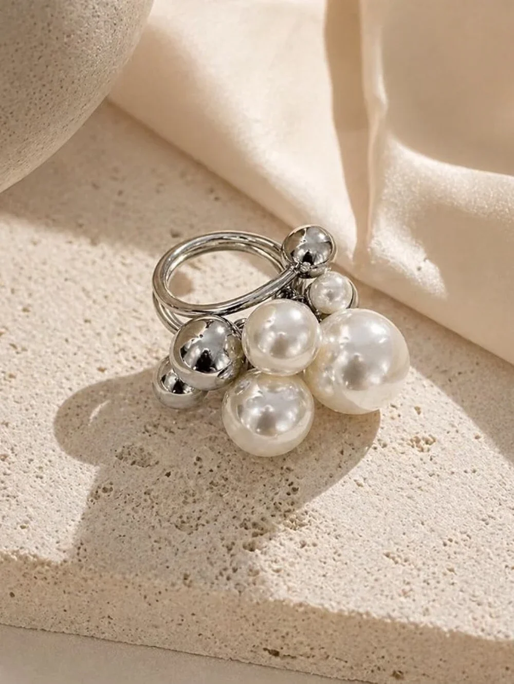 Pearl Cluster Statement Ring Adjustable Silver Tone Bubble Bead